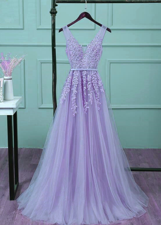 Elegant Light Purple Tulle Floor Length Prom Dress, New Style Party Dress