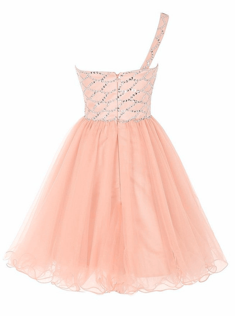 Pink Cute Short Party Dress,  One Shoulder Short Dresses, Pink Beaded Tulle Homecoming Dress