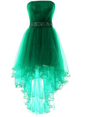 Green High Low Lovely Beaded Tulle Party Dress, Cute Junior Prom Dress