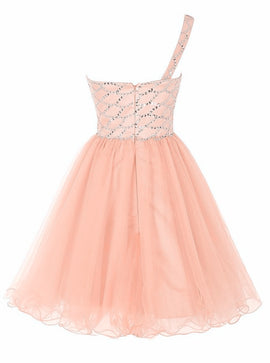Pink Cute Short Party Dress,  One Shoulder Short Dresses, Pink Beaded Tulle Homecoming Dress