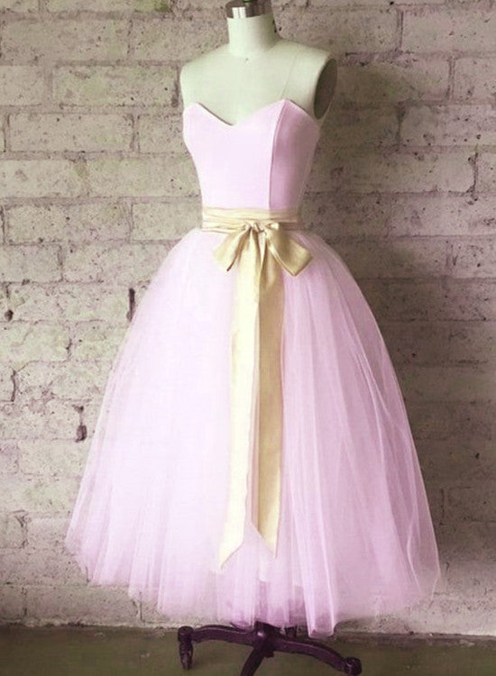 Elegant Light Pink Tulle Tea Length Wedding Party Dress with Belt, Charming Formal Gowns, Formal Dress