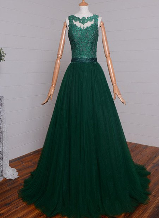 Dark Green Tulle with Lace Applique Long Prom Dress, A-line Evening Dress, Formal Dress
