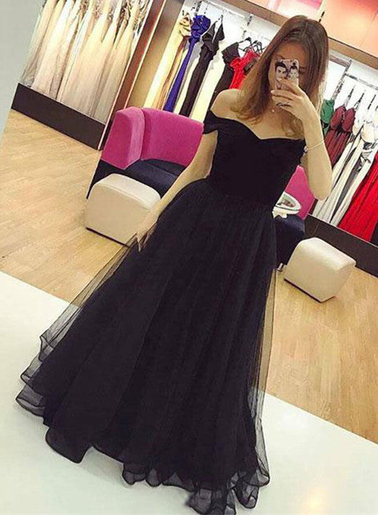 Black Velvet and Tulle Long Formal Dress, Off the Shoulder Party Dress, Black Evening Dress
