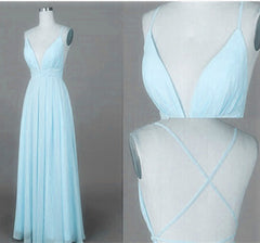 Mint Blue Straps Chiffon Long Party Dress, Prom Dress , Simple V-neckline Formal Dresses
