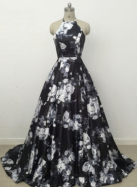 Charming Black Floral Satin Halter Long Formal Dress, Junior Prom Dress