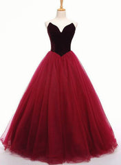 Tulle and Velvet Burgundy Long Party Gown, Tulle Gowns, Junior Prom Dresses