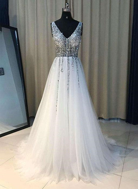 White Tulle V-neckline Floor Length Gown, White Formal Dress, Junior Prom Dress