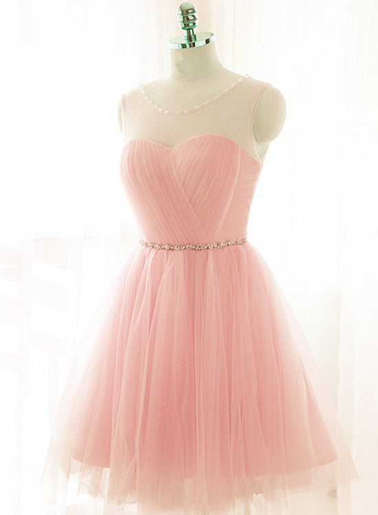 Lovely Pink Short Tulle Beaded Graduation Dresses, Pink Knee Length Prom Dress, Party Dresses