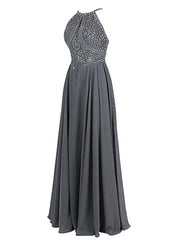Grey Beaded Straps Long Prom Dress , Hot Style Sparkle Formal Dresses, Grey Chiffon Gown