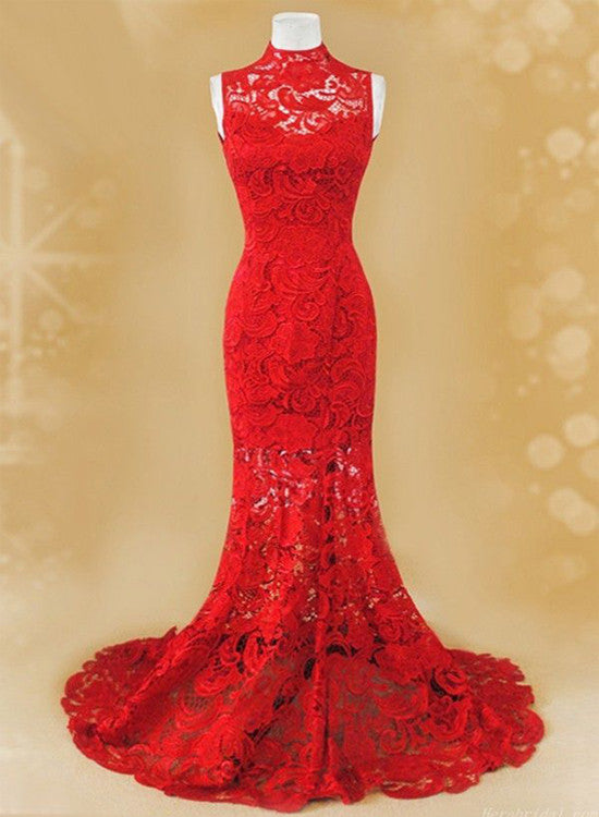 Red Lace Gorgeous Mermaid Gown, Red Lace Prom Dress, Wedding Party Dress