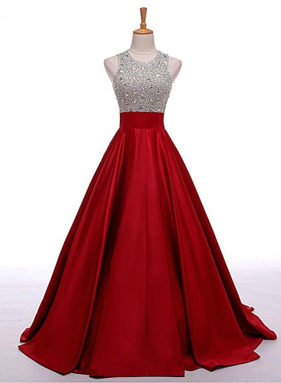 Red Satin and Beadings O-neckline Stylish Prom Gown , Red Formal Dress, Handmade Party Dress