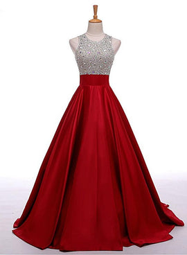 Red Satin and Beadings O-neckline Stylish Prom Gown , Red Formal Dress, Handmade Party Dress