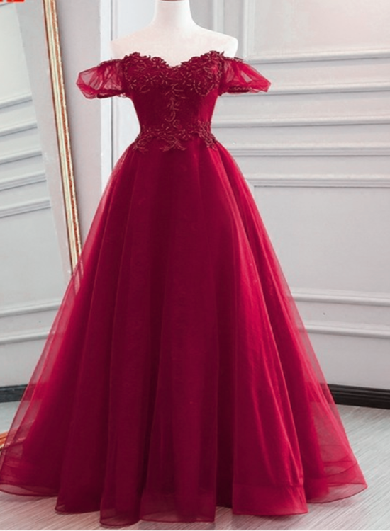 Wine Red Off Shoulder Floor Length Long Party Dress, A-line Formal Dresses