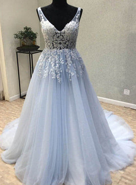Beautiful Blue Tulle Long Party Dress, Blue Formal Gown