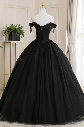 Black Off Shoulder Tulle Ball Gown with Lace Sweet 16 Dress, Black Long Evening Dress