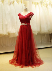 Charming Wine Red Tulle Prom Dress with Belt, Elegant Bridesmaid Dresses