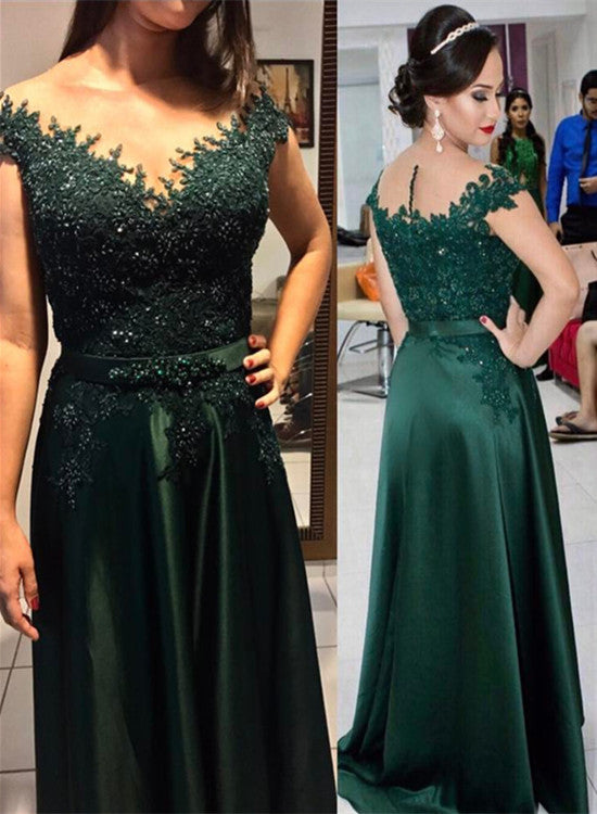 Green Satin and Applique A-line Evening Gowns, Green Beaded Long Formal Dresses, Prom Dress