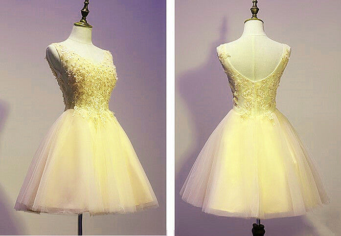 Lovely Tulle Yellow V-neckline Short Party Dress with Applique, Short ...