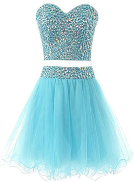 Light Blue Sparkle Beaded Two Piece Homecoming Dresses, Beautiful Short Party Dress