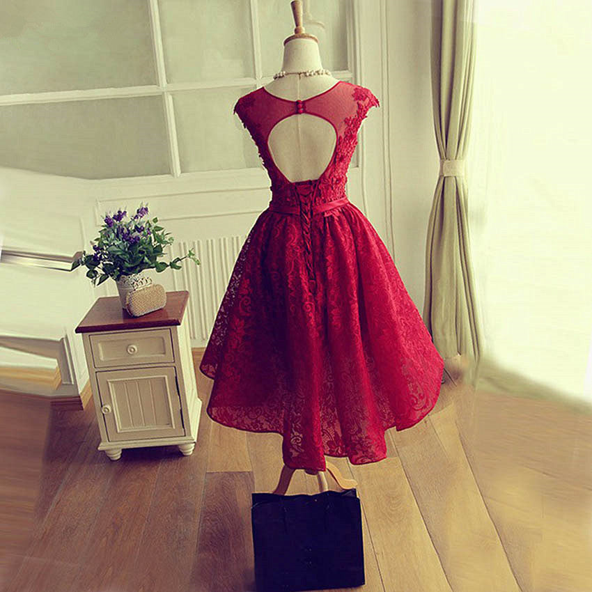 Fashionable Wine Red Lace High Low Party Dress, Lace Homecoming Dress Cutedressy Fashionable Wine Red Lace High Low Party Dress, Lace Homecoming Dress Cutedressy
