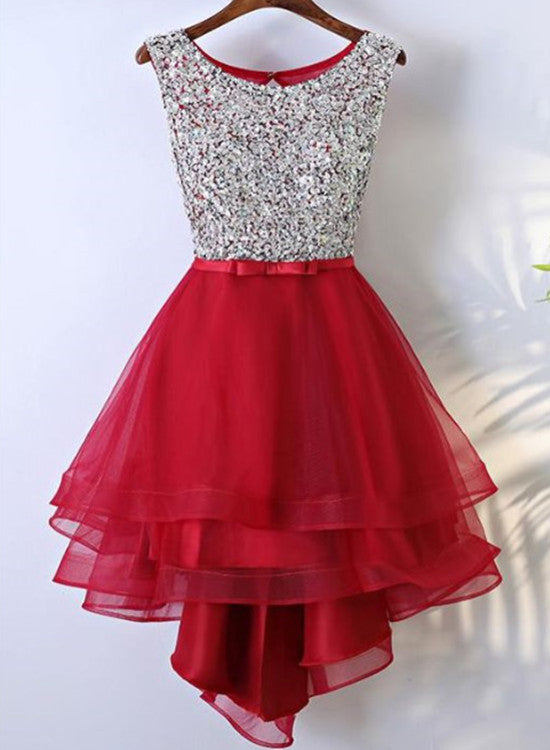 Beautiful Tulle Red Sequins High Low Party Dresses, High Low Homecoming Dresses, Pretty Teen Formal Dress