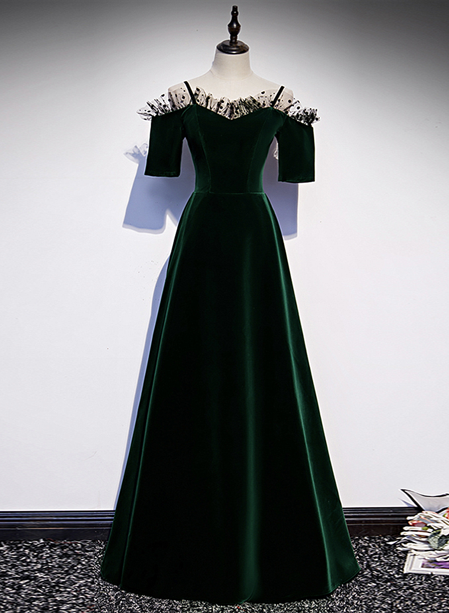 A-line Green Velvet Spaghetti Straps Prom Dress, Green Wedding Party Dress