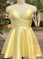 Cute Yellow Satin Short Straps Party Dress,Homecoming Dress