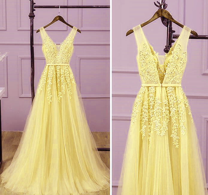 Long V-neckline Lace Applique and Tulle Bridesmaid Dress, Yellow Prom Dress Party Dress