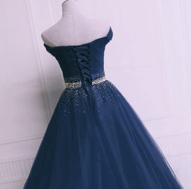 Beautiful Blue Tulle Long Sweetheart Beaded Party Dress, Blue Formal Dress