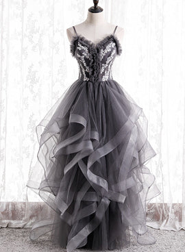 Grey Tulle Sweetheart Long Party Dress with Lace Applique, Grey Long Prom Dress