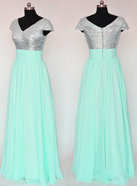 Mint Green and Sequins Long Bridesmaid Dresses, Pretty Cap Sleeves Floor Length Wedding Party Dresses