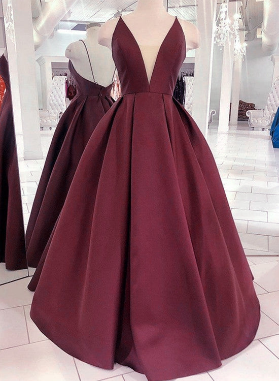 Burgundy V Neck Backles Satin Long Prom Dress, Backless Dark Red Formal Dress