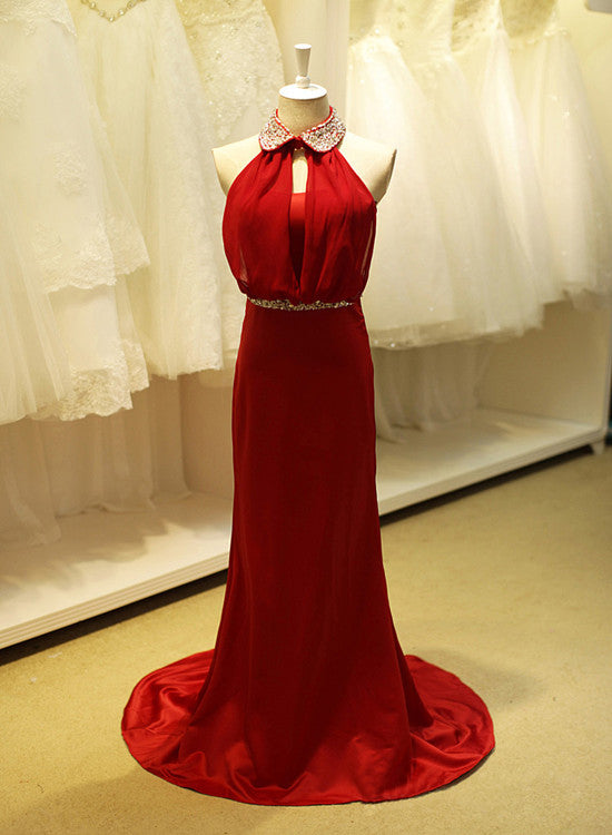 Beautiful Red Satin and Chiffon Beaded Long Party Dress, Charming Junior Prom Dress