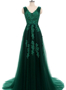 Green Tulle V-neckline Long Applique Party Gowns, Dark Green Prom Dress, Formal Dress