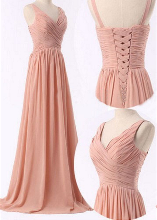 Pink Chiffon Bridesmaid Dresses Lace-Up, Pink Simple Prom Gowns, Party Dresses for Women