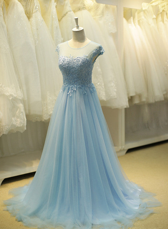 Beautiful Light Blue Tulle Round Neckline Evening Gown, Blue Tulle Party Dreses