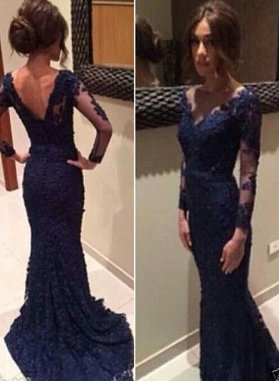 Charming Long Sleeves Lace Mermaid Prom Dresses,V Neck Navy Blue Wedding Party Dresses