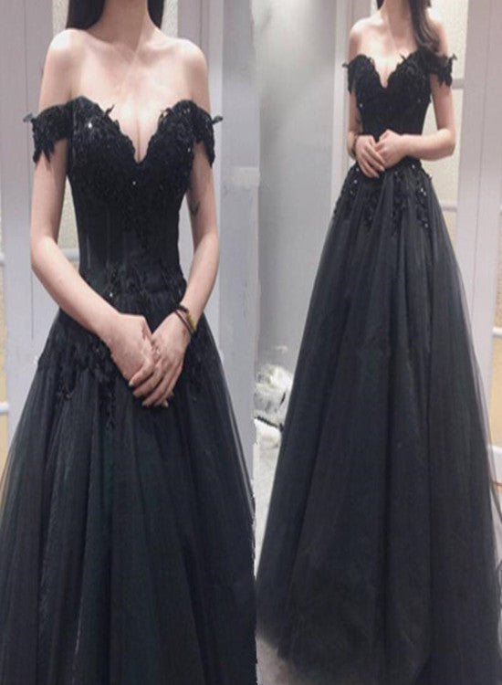 Black Off Shoulder Tulle Party Dresses , A-line Formal Party Dresses