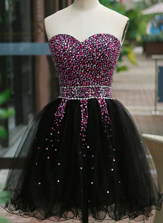 Lovely Beaded Black Tulle Short Homecoming Dress, Lace-up Black Formal Dress