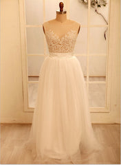 White Beautiful Tulle and Applique Beach Wedding Dress, Simple See through Party Dress