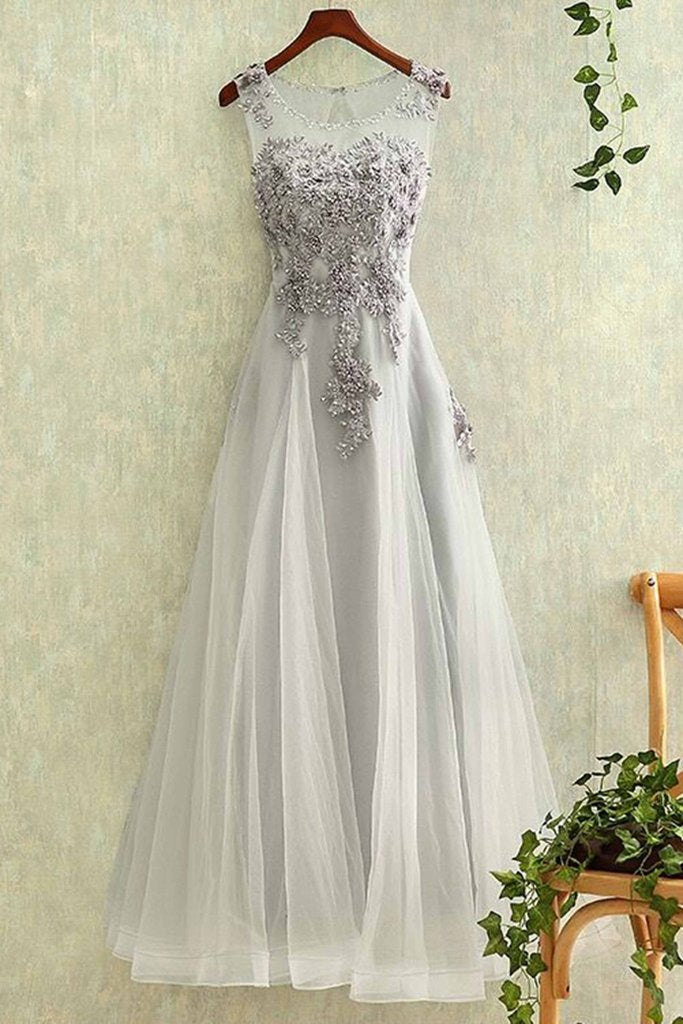 Elegant Grey Tulle Applique Formal Dress , Lovely Grey Prom Dresses Elegant Grey Tulle Applique Formal Dress , Lovely Grey Prom Dresses