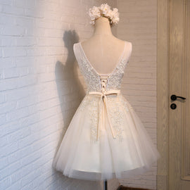 Lovely Short Tulle Party Dresses, White Homecoming Dresses, Short Prom Dress with Applique