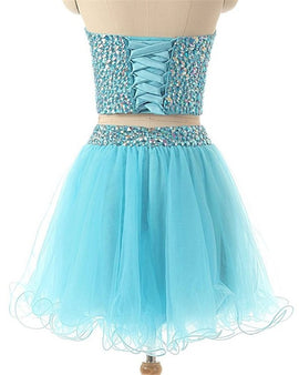 Light Blue Sparkle Beaded Two Piece Homecoming Dresses, Beautiful Short Party Dress
