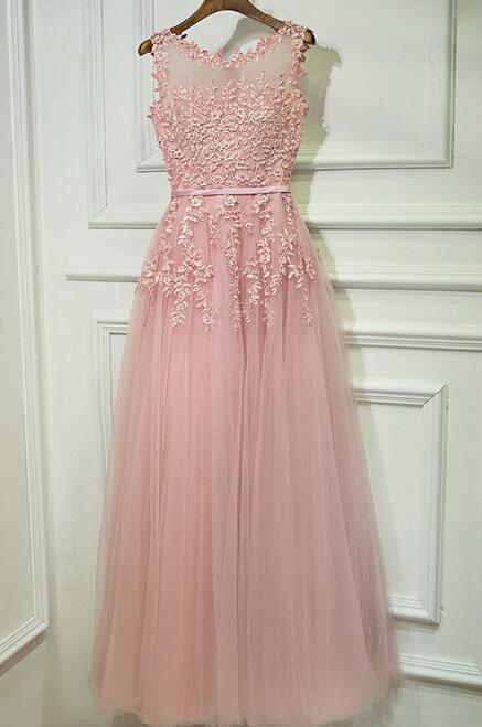 Beautiful Pink Round Neckline A-line Long Formal Gown, Prom Dresses