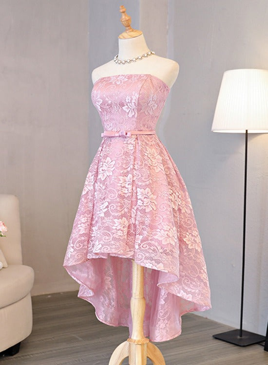 Pink Cute High Low Lace Homecoming Dress, Cute Lace Short Prom Dress