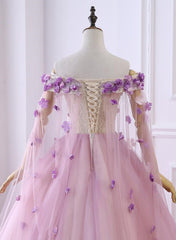 Gorgeous Tulle Off Shoulder Flowers Lace-up Long Formal Dress, Pink Prom Dress