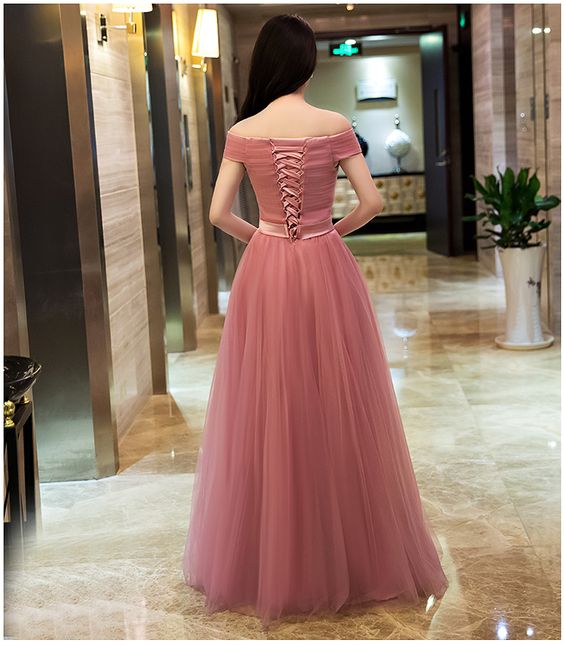 Lovely Pink Off Shoulder Tulle A-line Floor Length Formal Dress, Dark Pink Junior Prom Dress
