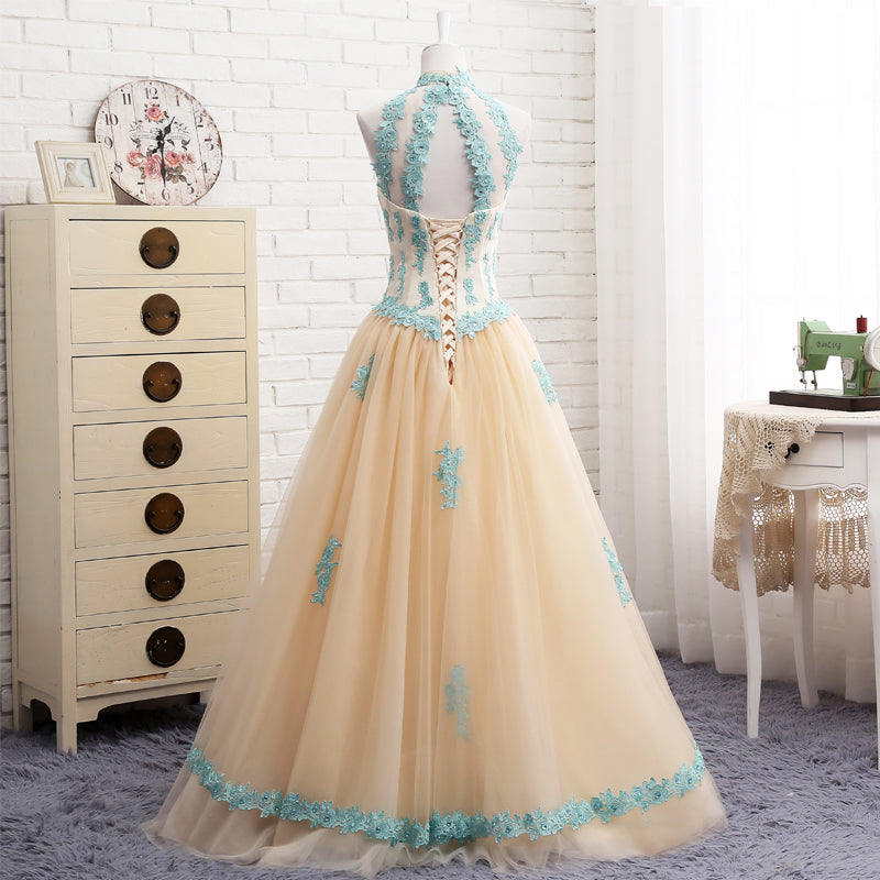 Lovely Champagne with Blue Applique Tulle Sweet 16 Gowns, Prom Gown, Prom Dress