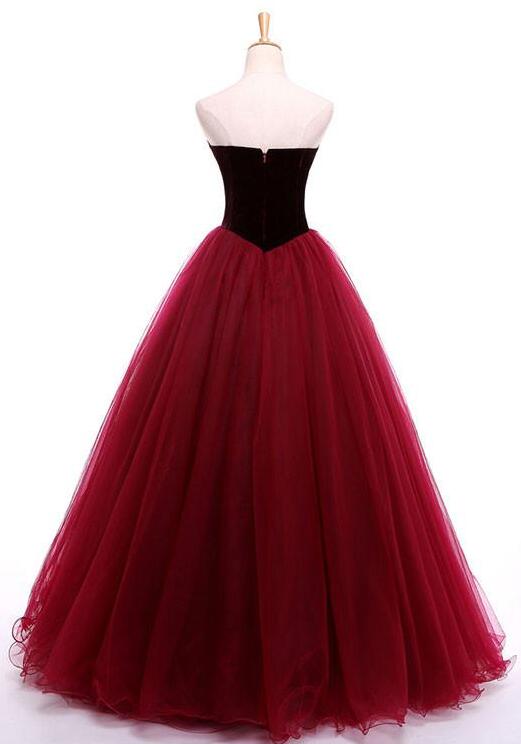 Tulle and Velvet Burgundy Long Party Gown, Tulle Gowns, Junior Prom Dresses