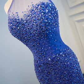 Blue Tulle Sweep Train Halter Sheer Back Beading Prom Dress, Long Party Dress